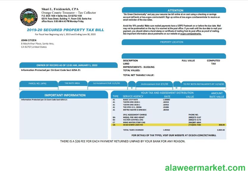 USA County of Orange California property tax bill template in Word and PDF format
